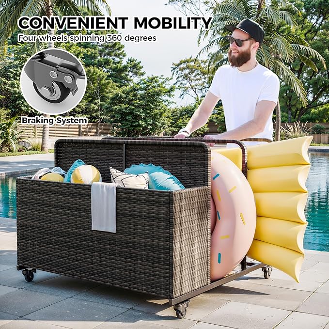 Pool Float Storage Organizer with Rolling Wheels, Outdoor Wicker Rattan Pool Caddy & Toy Storage Basket, All-Weather PE Rattan Holder for Pool Noodles, Life Vests, Beach Balls, Equipment, Patio Deck