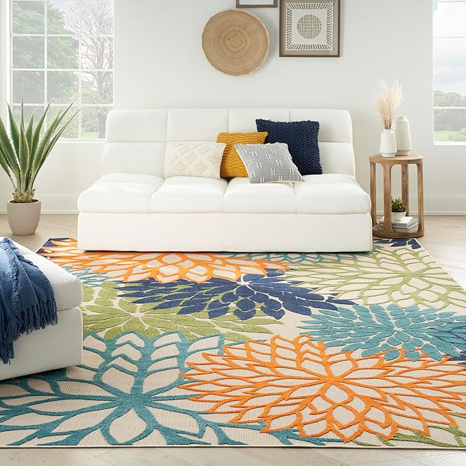 Nourison Home Aloha Indoor/Outdoor Multicolor 10' x 14' Area Rug, Tropical, Botanical, Easy Cleaning, Non Shedding, Bed Room, Living Room, Dining Room, Deck, Backyard, Patio (10x14)