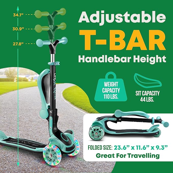 3 Wheel Scooter for Kids with Foldable Seat, Adjustable Handlebar Height, Lean-to-Steer Ride On Toy for Kids Ages 2+, Light-Up LED Wheels, Wide Anti Slip Deck, Indoor & Outdoor Use