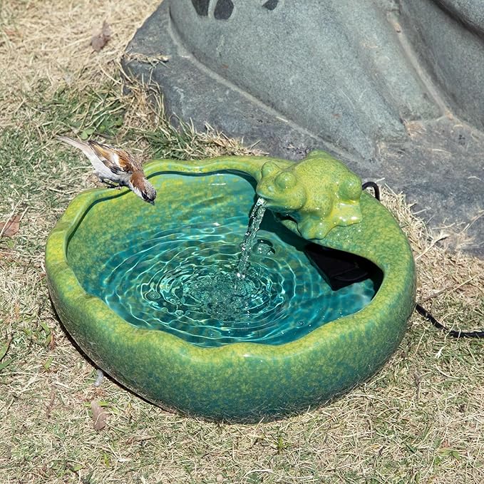 Ceramic Solar Water Fountain with Battery Backup, Solar Powered Water Fountain，Outdoor Water Feature Bird Bath for Garden, Patio & Yard Decor,Working at Night for at Least 6 Hours (Frog).