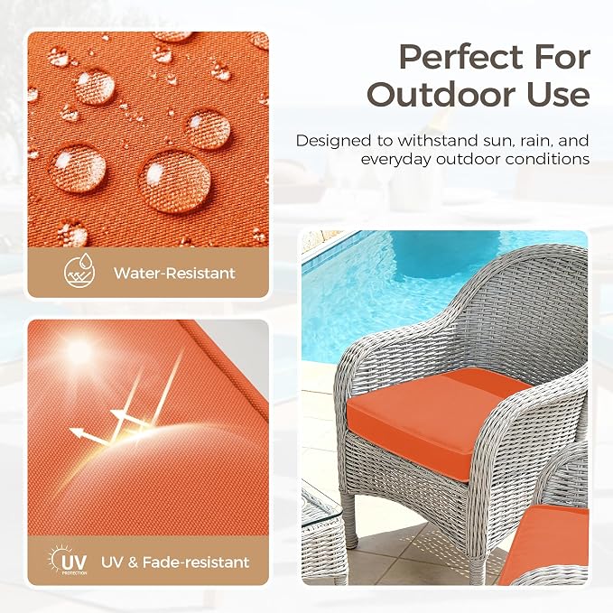 UNIKOME Outdoor Chair Cushions Set of 4, Water Resistant Patio Seat Cushions with Ties for Outdoor Furniture, High-Density Foam, UV & Fade Resistant, Piped Edge – 24" x 24" x 4", Orange