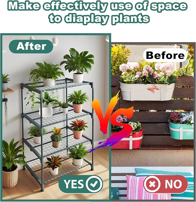 2 Pack Plant Stand Indoor Plant Shelf Outdoor,4 Tier Metal Greenhouse Shelves for Multiple Plant Pot Holder, Waterproof Greenhouse Shelving for Living Room Patio Home Decor for Gardening