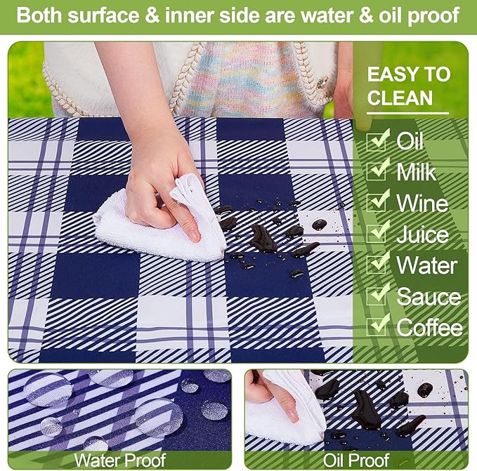 Play Tailor Picnic Table Cover with Bench Covers Camping Essentials Waterproof Windproof Camping Tablecloth with Drawstring Bag, Fitted Rectangle Tables and Seats, 96in, Blue Checkered
