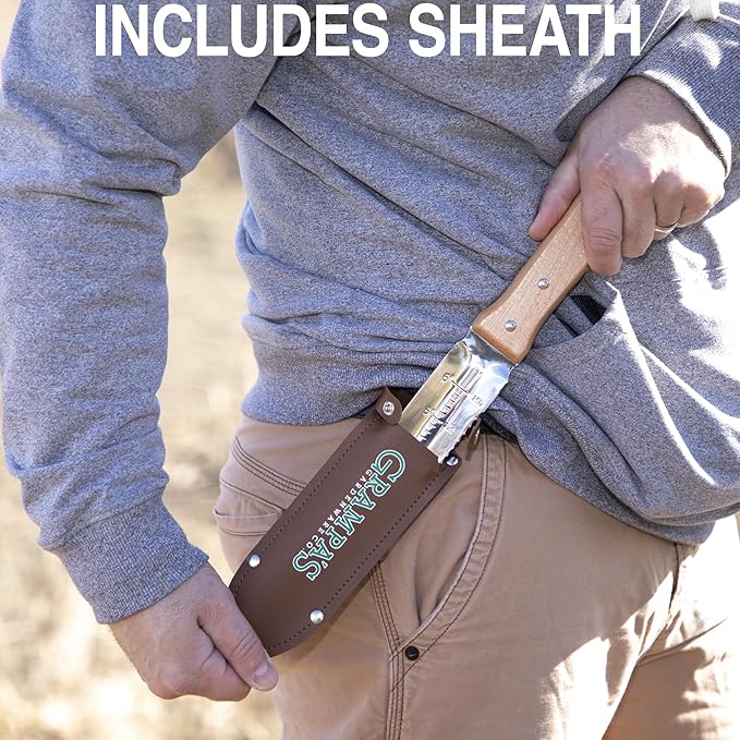 Grampa's Weeder & Garden Knife Bundle - Original Stand Up Weed Puller with Bamboo Handle & 4-Claw Steel Head + Versatile 7" Hori Hori Knife with Serrated & Straight Blade for Weeding, Digging, and Pla