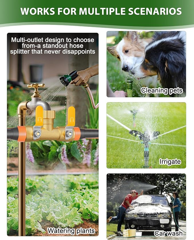 Hose Splitter 2 Way, Heavy Duty Brass Garden Hose Splitter | 0.59" Full Flow Ball Valve Outlet, Shut-Off Valve, 3/4" GHT Thread Water Hose Connector For Outdoor Spigot Faucet (Yellow)