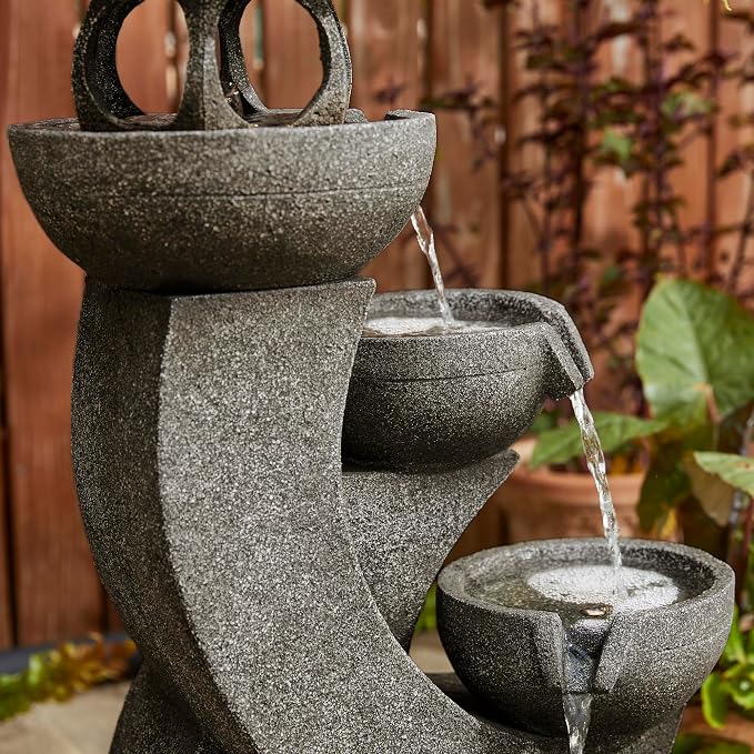 Glitzhome Pagoda Outdoor Water Fountain with LED Light, 4-Tier Oversized Cascading Stacked Stone Waterfall Fountains, Natural Stone Look Outdoor Fountain for Garden Patio Porch, 32”H