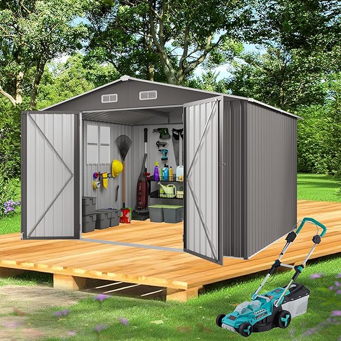 YOPTO 10x12 FT Outdoor Storage Shed,Large Metal Garden Shed with Double Door and Two Windows Waterproof Tool Shed for Backyard Patio Lawn Poolside,Grey