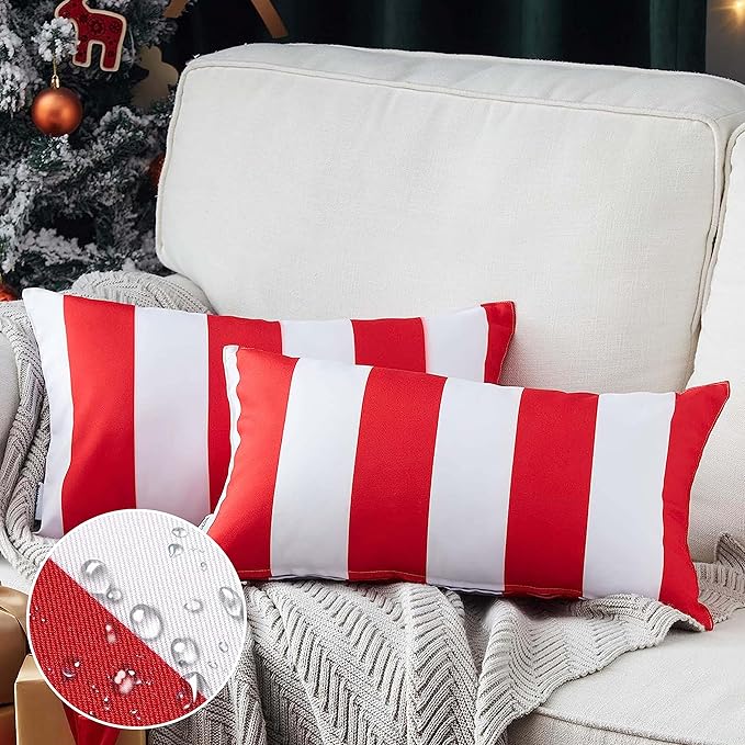 Western Home Pack of 2 Christmas Decorative Outdoor Solid Waterproof Striped Throw Pillow Covers Polyester Linen Garden Farmhouse Cushion Cases for Patio Tent Balcony Couch Sofa 12x20 inch Red