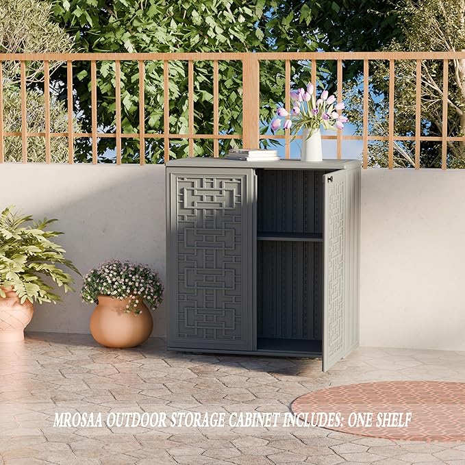 Mrosaa Indoor Outdoor Storage Cabinet Waterproof with Shelf,Plastic Storage Sheds Outdoor Cabinets for Patio/Garden/Backyard, Size 34.3''L*15''W*36.2''H（Gray）