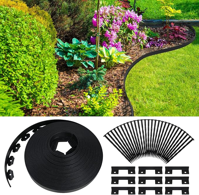 Queekay 148FT 2 Inch Tall Landscape Edging Kit with 70 Spikes 20 Connectors Plastic Garden Landscape Edge Border Flexible Landscaping Edging for Lawn Garden Yard Flower Bed(Black,2 Inch)