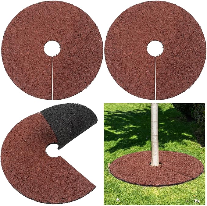 Peryiter 3 Pcs Double Side Rubber Mulch Tree Ring Heavy Duty Rubber Mulch Mat Tree Protector Weed Barrier Mats Reversible Round Root Ring for Prevent Weed Grass Animal Dig(30 Inch,Brown and Black)