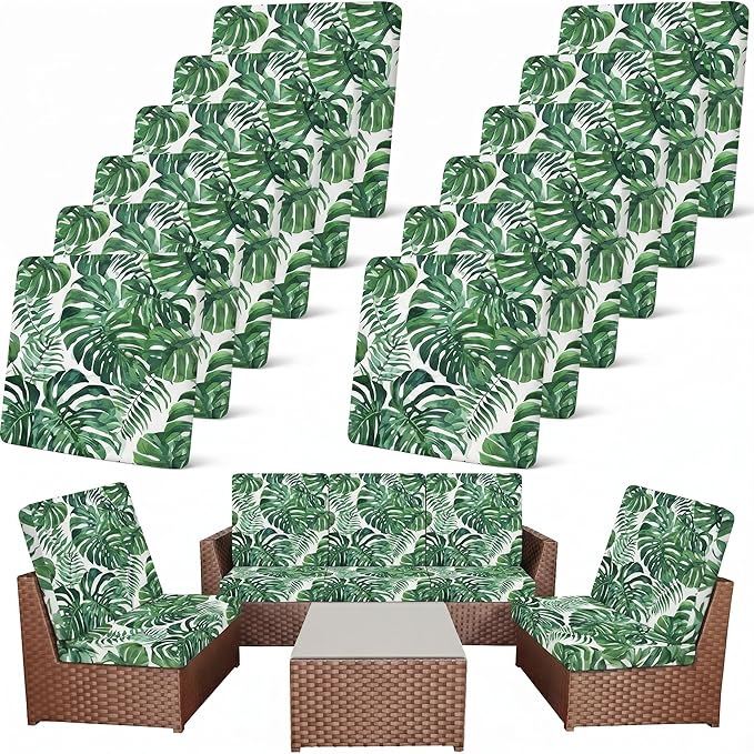 Newwiee 12 Pcs Patio Stretch Outdoor Cushion Covers Sofa Couch Cover Replacement Couch Slipcover Sofa Seat Chair Porch Patio Furniture Protector, Flexibility Washable (Green,Tropical Monstera)