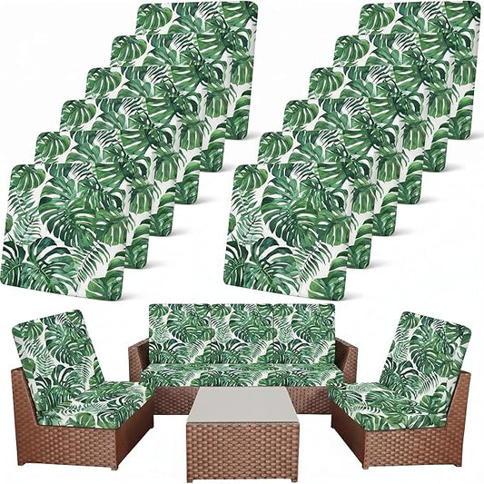 Newwiee 12 Pcs Patio Stretch Outdoor Cushion Covers Sofa Couch Cover Replacement Couch Slipcover Sofa Seat Chair Porch Patio Furniture Protector, Flexibility Washable (Green,Tropical Monstera)