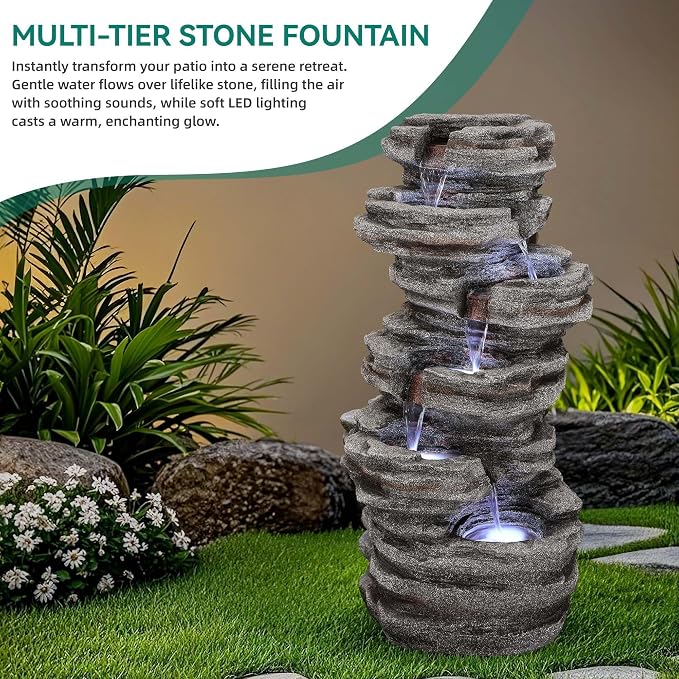 AUTODAYA 6-Tier Rock Outdoor Water Fountain, 40in Tall Oversized Fountains for Outside, Relaxing Cascading Waterfall for Tranquil Outdoor Garden Patio Garden Backyard Oasis