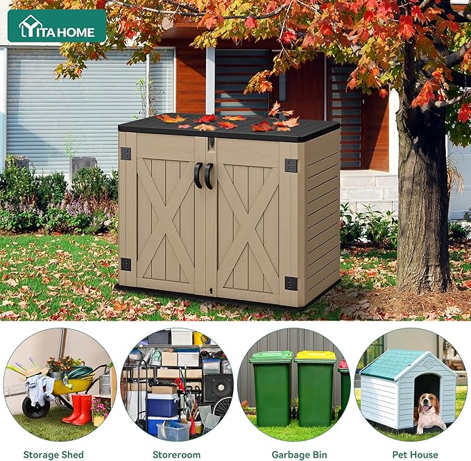 YITAHOME Outdoor Resin Storage Sheds with X-Shaped Lockable Door, 39 in Height Lockable Waterproof Horizontal Shed w/o Shelf, Easy to Assemble Shed Storage for Garden Tools, Brown