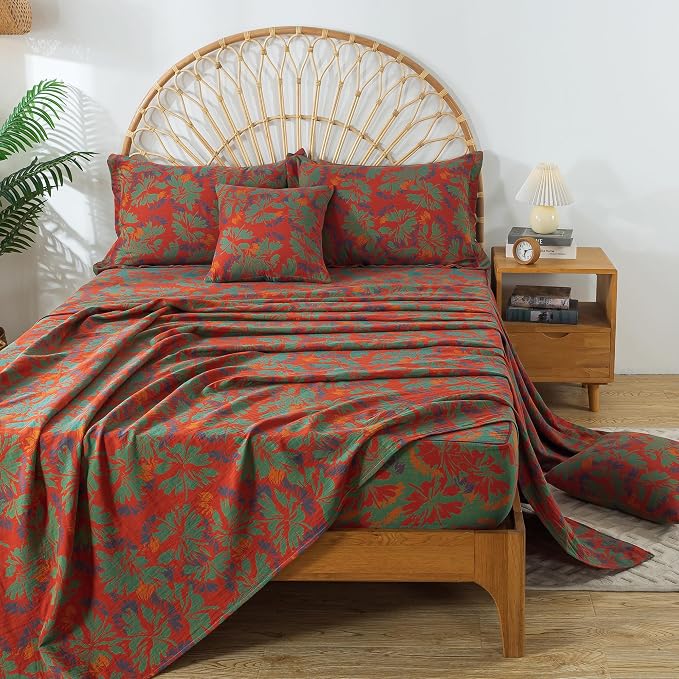 FADFAY Floral Sheets Set Queen Vintage Red Green Floral Bedding Shabby Maple Leaf Farmhouse Bedding Super Soft Washed Double -Layer Muslin Sheets 100% Cotton Deep Pocket Fitted Sheet 4Pcs, Queen Size