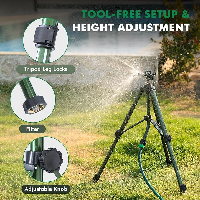 RESTMO 2 Pack Tripod Base Zinc Impact Sprinkler, 360° Rotating & 3-Height Adjustable Tripod, Heavy Duty Full Metal Sprinkler for Agriculture and Large Yard Irrigation