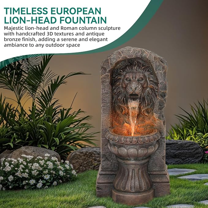AUTODAYA 30" Majestic Lion Head Outdoor Water Fountain, Rustic Stone Pedestal Cascading Water Feature with Warm LED Lights, Tranquil Oasis for Outside Garden Patio Yard Decor
