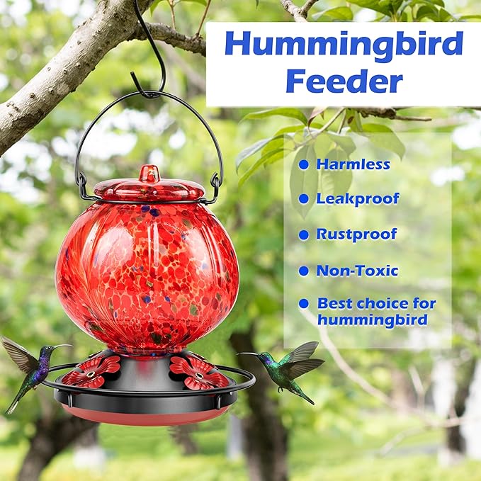 Hummingbird Feeder for Outdoors – Hand Blown Blue Glass Bird Feeder, Leakproof, Easy to Fill & Clean, Decorative Hanging Gift for Garden, Patio, Window, Mom or Gardener 25 Ounces, Red Spotted