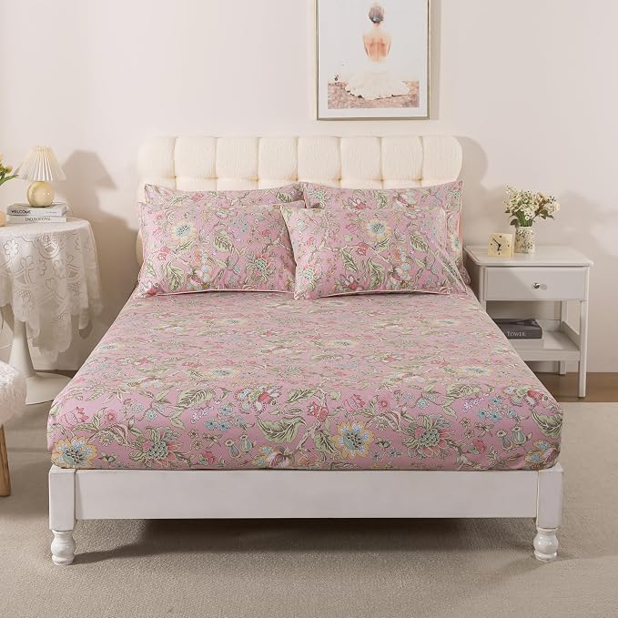 FADFAY King Sheet Set 4Pcs 100% Egyptian Cotton Bed Sheets Deep Pocket Soft Breathable Vintage Misty Pink French Country Bedding Shabby Cottagecore Floral Bedding Luxury Hotel Quality for All Seasons