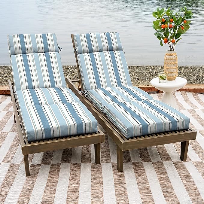 Arden Outdoor Chaise Cushion, 21 in x 72 in, Weather-Proof, Rain-Proof, Fade Resistant Patio Cushion for Chaise Lounger French Blue Linen Stripe