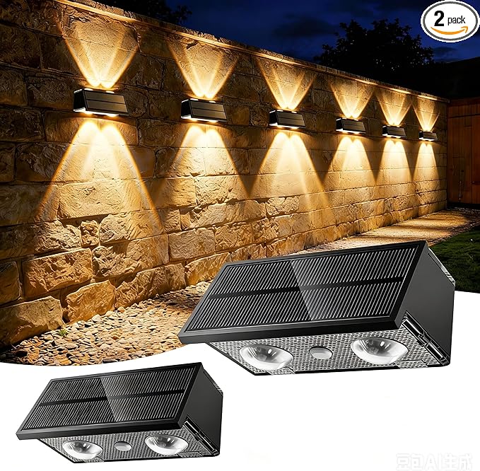 Solar Fence Lights Outdoor, 100LM Fence Lights Solar Powered, 9 Color Modes, Up and Down LED Focused Beam, 12H Dusk to Dawn Glow for Pool/Patio/Wall/Backyard - 2 Pack, Matte Black