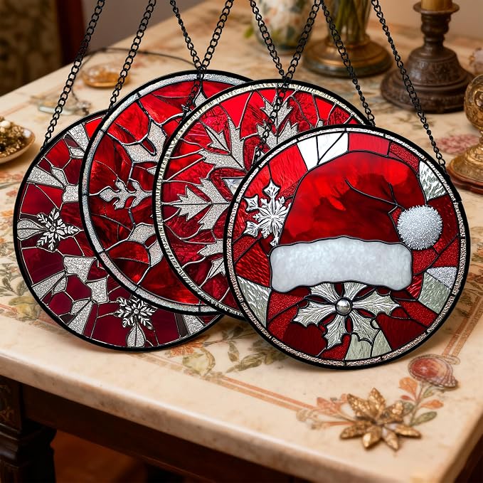DASTOLL Stained Glass Window Hanging 4 Pcs Set Red Christmas Decorations Theme Large 11.8" - Suncatcher Door Garden Sun Catcher Decor Birthday for Mom Woman Nana Men Friend Wife