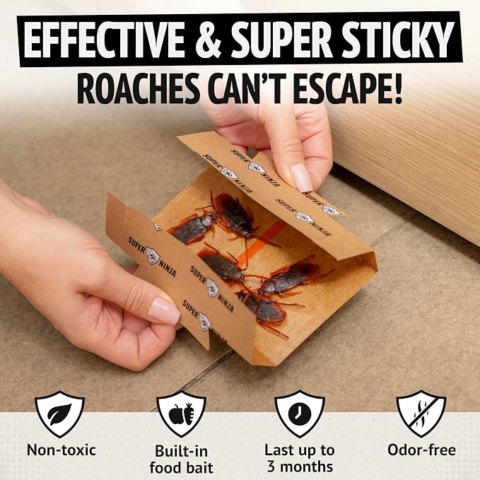 Super Ninja Roach Traps Indoor – 24 Pack, Roach Killer Indoor Infestation Control, Safe & Toxin-Free Cockroach Trap with Food Attractant, Nature-Friendly Pest Solution for Home, Garage & Shed