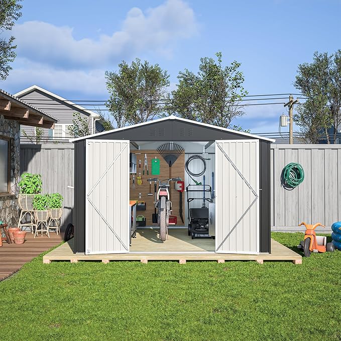 YOPTO 10x12 FT Outdoor Storage Shed,Utility Metal Tool Storage with Lockable Doors and Waterproof Roof, Large Garden Shed for Backyard, Patio Lawn, Black