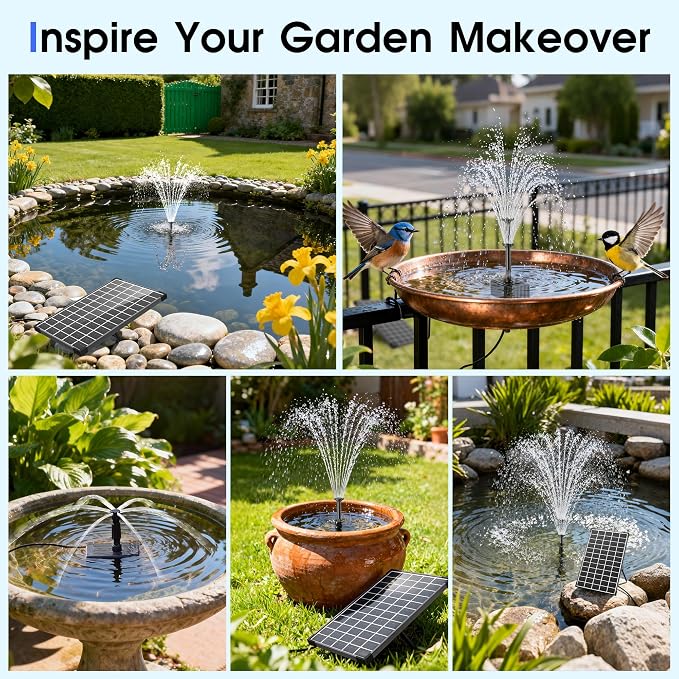 Biling 12W Solar Fountain Pump with 5000 mAh Battery Backup, 80GPH Solar Water Pump with 8 Nozzles, 5ft Tubing for Bird Bath Small Garden Pond Water Features