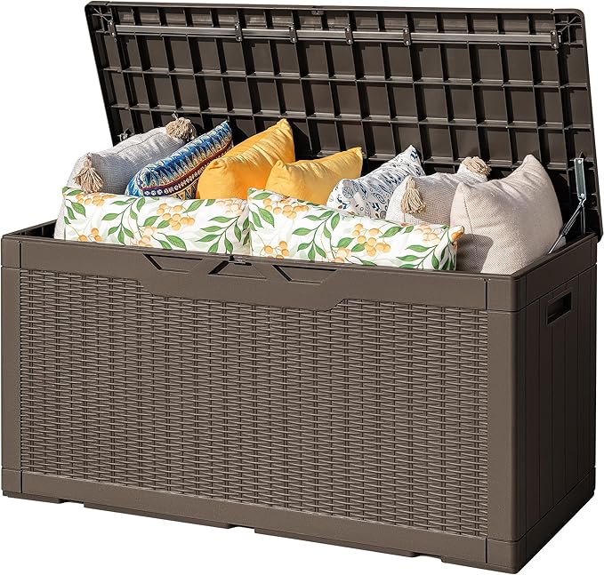 Flamaker Outdoor Storage Box 100 Gallon Waterproof Resin Deck Box Delivery with Air Rod Indoor Outdoor Lockable Storage Bench for Patio Cushions, Tools, Pool Accessories (Deep Brown)