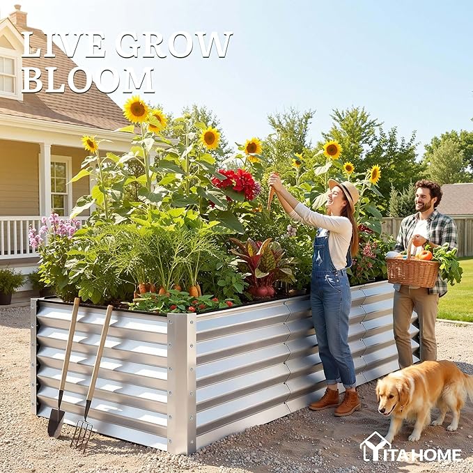 YITAHOME 8x4x3ft Large Raised Garden Bed Kit, Galvanized Metal Planter Box with Gloves, Support Rod & Safety Rubber, Outdoor Above Ground Planters for Plants Vegetables Flowers,Silver Gray
