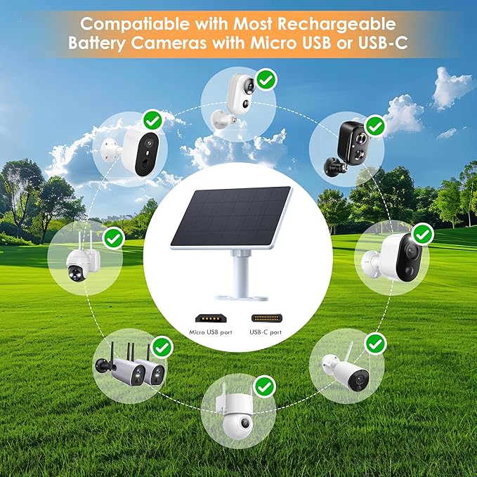 Solar Panel for Security Camera,6W Solar Panels with Micro USB&USB-C Port for DC 5V Outdoor Camera,Solar Charger for Rechargeable Battery Camera,IP65 Waterproof,360° Adjustable Mount,9.8ft Cable (3PC)