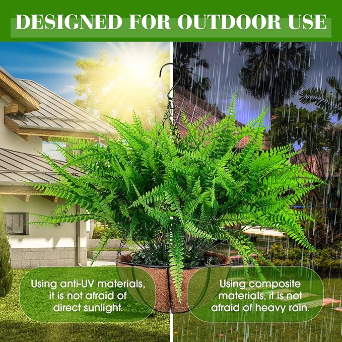 Giegxin 4 Pack Artificial Flowers Outdoor Small Fake Fern Plants 4 Hanging Basket Planters with 30 Pcs Fern Faux UV Resistant Plastic Plants for Front Porch Living Room Garden Decor