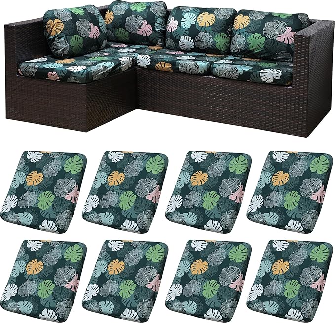 8Pcs Patio Cushion Covers,Outdoor Cushions Covers,Stretch Cushion Covers Replacement, Washable and Reusable Furniture Protectors(Green Charm)