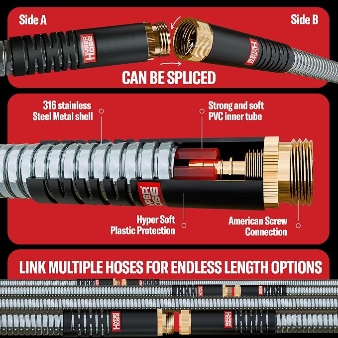 Best 150 ft Metal Garden Hose Set - No-Kink Durable 316 Stainless Steel, 10-Way Zync Spray Nozzle & Hook – Tough Flexible Heavy Duty Water Hoses, 5/8 in, Rust, Weather, LeakProof