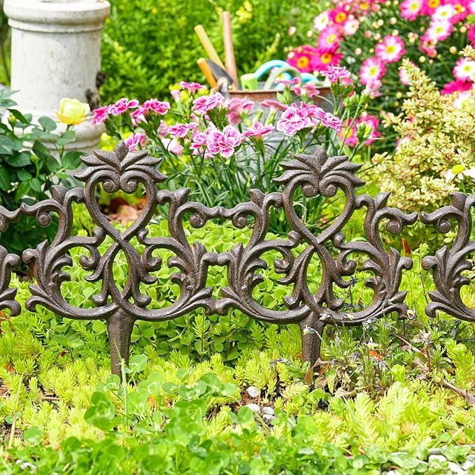 Sungmor Decorative Cast Iron Garden Edging,4 Pack Vintage Garden Border Fence for Lawn, Flower Beds and Patio,Heavy Duty Rustic Ornate Metal Fences,Brown Finish