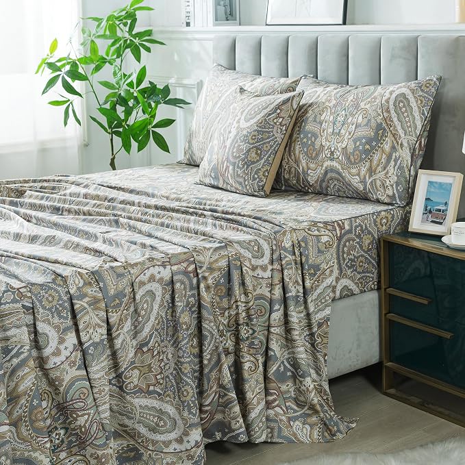 FADFAY Paisley Sheets Set Queen Classic Boho Paisley Bedding Luxurious Bohemian Damask Paisley Bed Sheet Set Breathable 100% Egyptian Cotton 800 Thread Count Deep Pocket Fitted Sheet 4Pcs, Queen Size