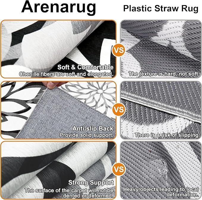8x10 Outdoor Area Rug Washable Multicolored Patio Rug Tropical Botanical Floral Chenille Waterproof Outdoor Carpet Non-Slip for Deck, Backyard, Porch, Black