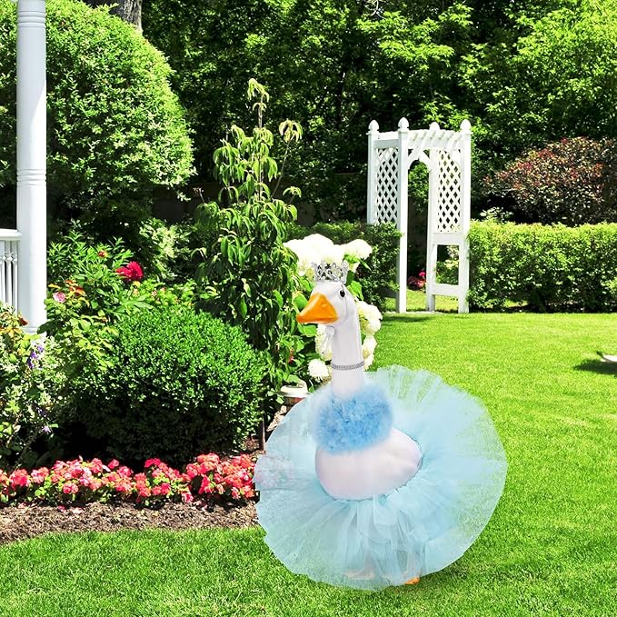4 Pcs Princess Porch Goose Outfit for 23" 17" Cement Lawn Goose Costume Crown Necklace Tutu Skirt Feather Trim for Princess Outdoor Garden Lawn Art Decor(Blue)