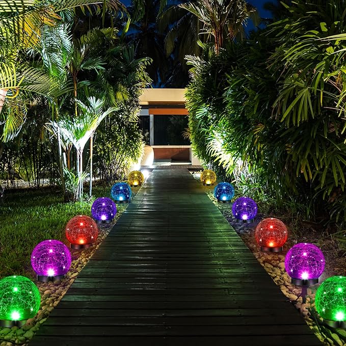 Glooglitter 3 Pcs Extra Large Solar Globes Lights Outdoor Cracked Glass Ball Solar Light Multi Color Pre Lit Crystal Waterproof Lawn Globes for Yard Landscape Garden Decor (4.72")