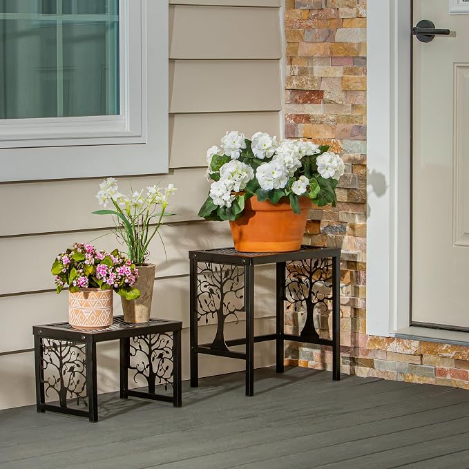 Evergreen Garden Nesting Plant Stands Indoor/Outdoor, Metal Plant Stand for Patio, Porch, Garden, Corner Plant Stands for Indoor Plants (Tree of Life, Set of 2)