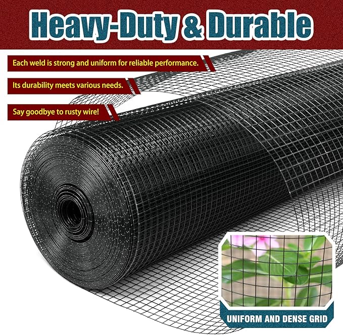 Black Hardware Cloth 1/4inx48inx100ft, 22GA, Chicken Wire Fencing Roll, Black Chicken Wire Mesh, Vinyl PVC Coated Welded Wire Mesh for Chicken Coop Barrier, Rabbit Snake Poultry Fences