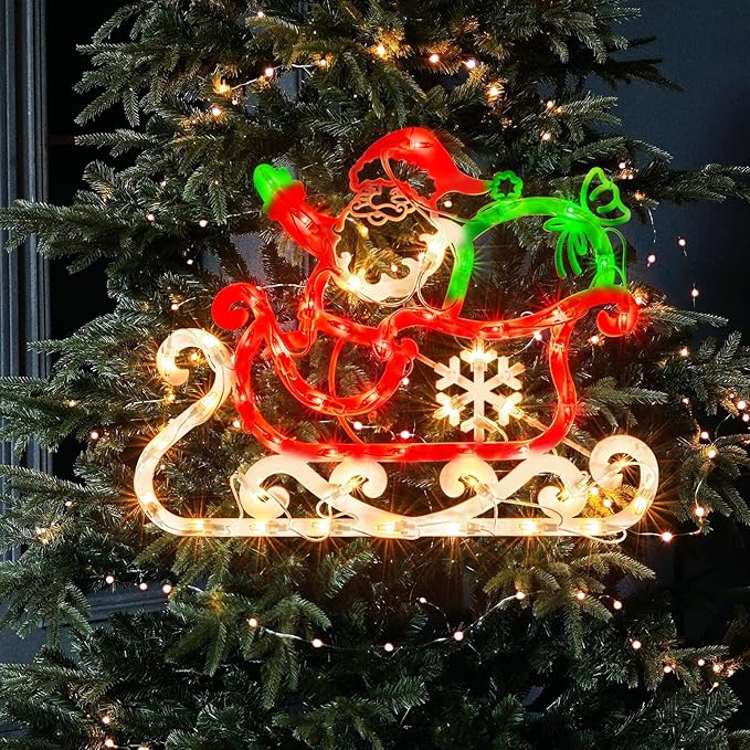Christmas Window Silhouette Lights, Lighted Santa and Sleigh Double Sided Decorations with 50 Count Incandescent Mini Light for Holiday Indoor Wall Door Glass Decor