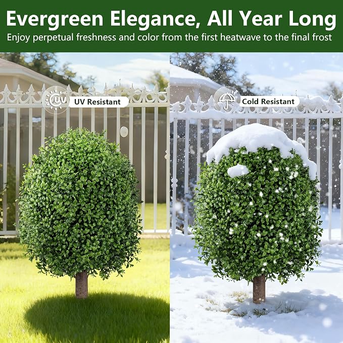 INSPRING Artificial Boxwood Topiary Trees Outdoor Fake Bushes Plants UV Resistant Evergreen Shrubs with Metal Ground Spike for Porch Patio Garden, 1 Pack