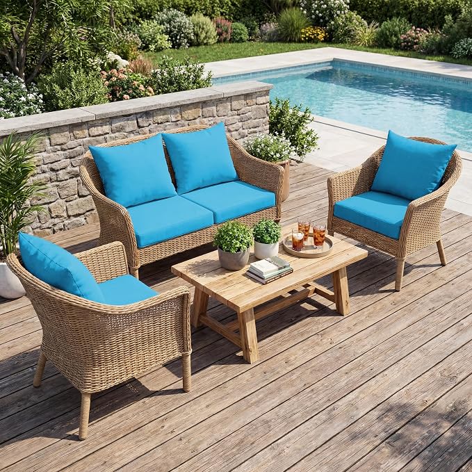 UNIKOME Outdoor Seat Cushions 22 X 22 Inch - Water-Resistant & Fade Resistant, Removable Cover Patio Furniture Cushions for Chair, Sofa, Couch, Wicker, Light Blue