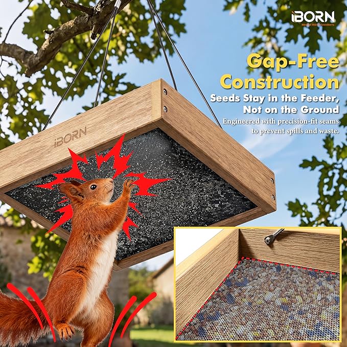 iBorn Platform Bird Feeder Tray, Chew Proof Bird Feeders for Outdoors Hanging, Flat Birdfeeder Tray with Large Capacity 3LBS, WPC Recycled Plastic & Cedar Look, Waterproof, 10.5"x10.5", Raw