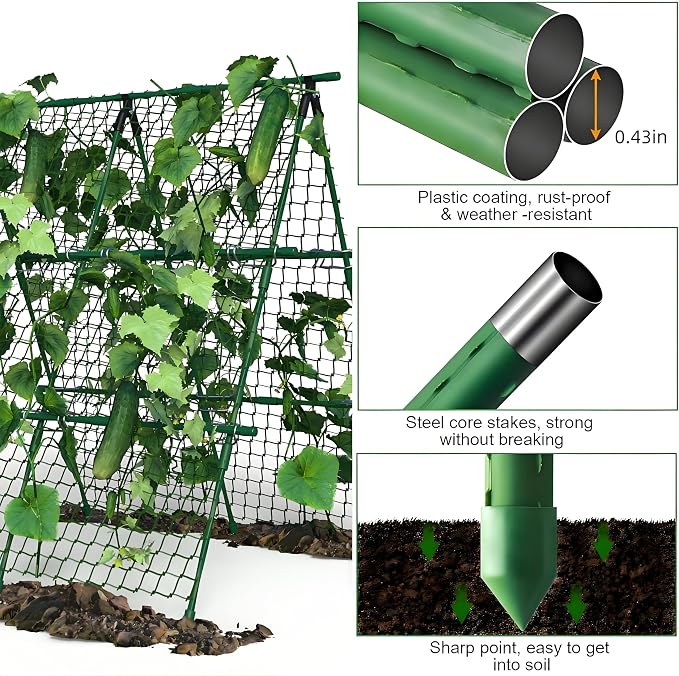 Garvee Outdoor Plant Support Trellis, 4 ft x 4 ft Metal A-Frame with Netting for Tomatoes Cucumbers Peas Beans Grapes, Climbing Vegetable Garden Trellis for Raised Beds, Green