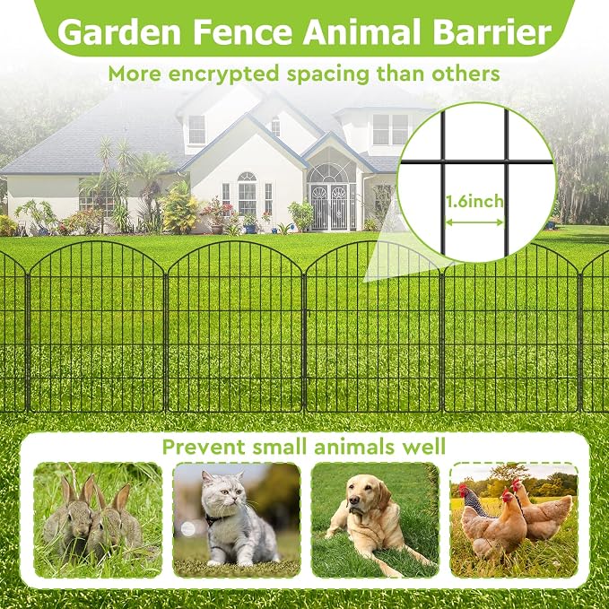 Decorative Garden Fence 5 Panels + 1 Gate, 29.9in (H) x 11.4ft (L), Rustproof Metal No Dig Fence Animal Barrier for Dog, Flower Edging for Yard & Patio Outdoor Landscape, Arched