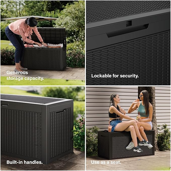 Outdoor Storage Deck Box Waterproof, 180 Gallon Large Lockable Patio Storage Bin Chest, Resin Outside Container Seat Bench for Furniture Cushions, Pool Accessories, Garden Tools & Delivery, Black